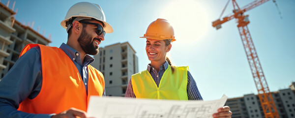 Two construction engineers review a blueprint on a sunny day at a building site. A large crane looms behind them as they discuss the project. They wear hard hats and safety vests.