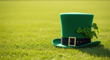 St. Patrick's Day hat lying on a vibrant green lawn with shamrocks peeking out, symbolizing Irish pride and tradition. St. Patrick's Day is celebrated with iconic imagery and festivities.
