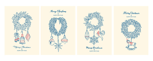 Whimsical hand-drawn Christmas card with Christmas wreath and Christmas ornaments.. Happy holiday greeting, invitation vector card, illustration for celebratory event announcement