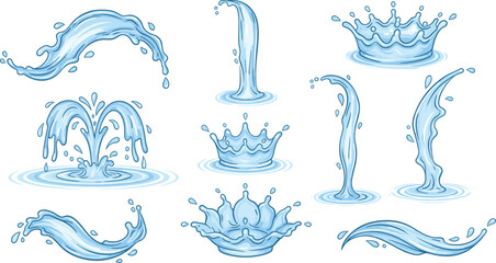 Water splash collection, flowing liquid shapes, realistic splash crowns and droplets, fluid motion illustration set, dynamic blue water elements
