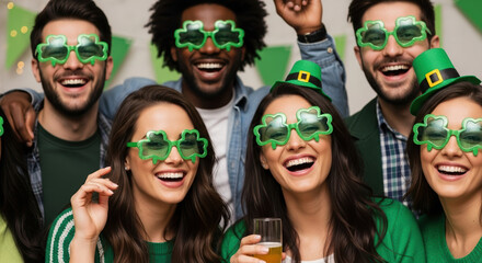 St. Patrick's Day celebration with cheerful friends wearing clover glasses, green hats, and festive outfits, enjoying a Saint Patrick's Day party.