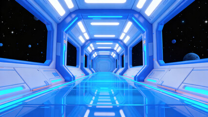 Blue-White Light Space Corridor Sci-Fi 3D Scene