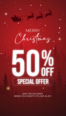 Merry christmas text sale vector banner design. Christmas sale promo discount offer with paper cut clouds and hanging xmas elements in red background. Vector illustration seasonal shopping