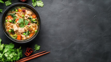 Asian noodle soup with vegetables and herbs, warm comforting broth and chopsticks