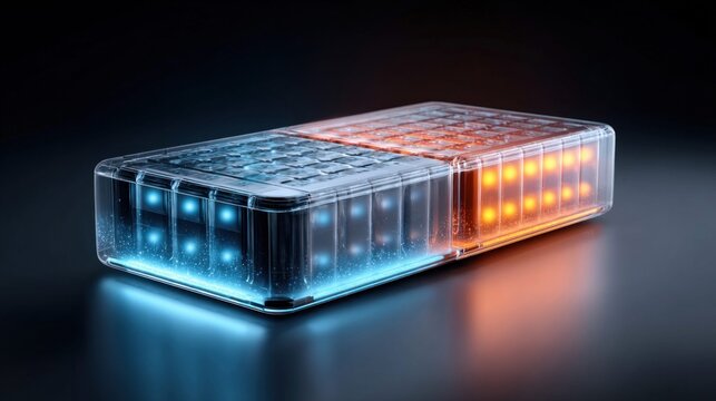 Futuristic Battery Pack Design with Glowing Blue and Orange Lights