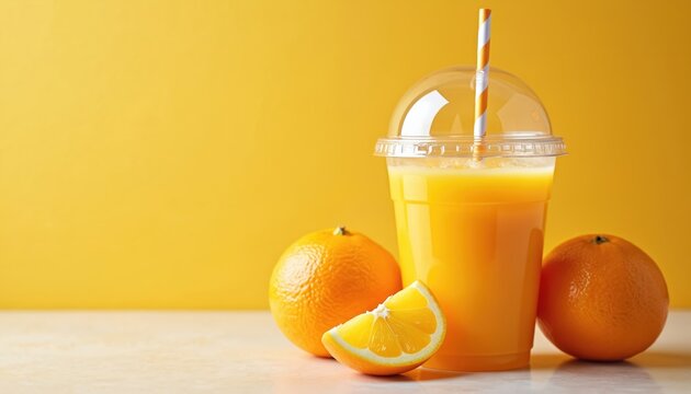 A close up photo shows a plastic cup filled with orange juice. Oranges and a slice of orange are on the table. The juice is fresh and refreshing.