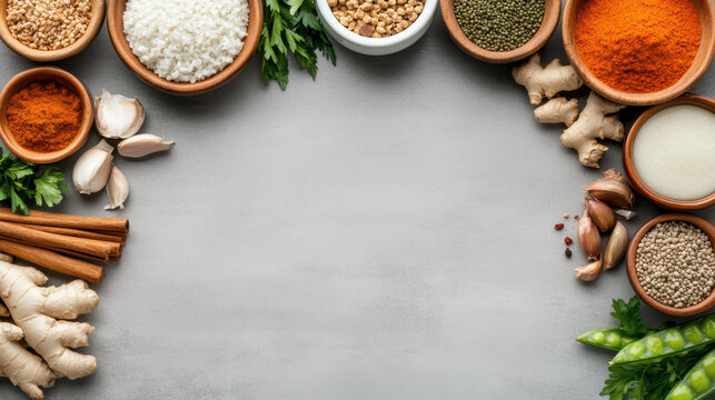 Spice arrangement with ginger, garlic, salt and herbs framing blank center, warm aroma - Powered by Adobe