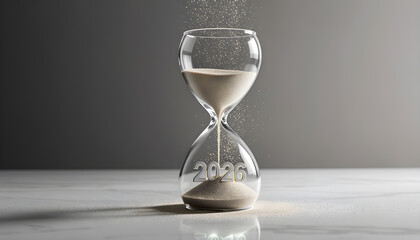 Glass hourglass with flowing sand and 2026 engraving under soft side lighting
