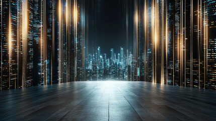 Futuristic skyline cityscape night stage lights neon reflection