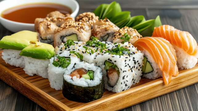Fresh sushi platter with nigiri, maki roll and avocado roll, soy sauce and garnish - Powered by Adobe