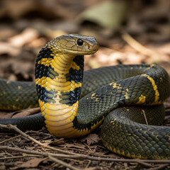 Fototapeta premium Close up of a vibrant snake with striking yellow and black patterns on display