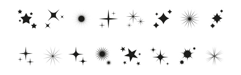 Set of icon glitter star, sparkle sun. Abstract shapes of explosion, glow and blink effects for celebrate party design. Twinkle shiny and flash graphic elements. Isolated vector illustrations.