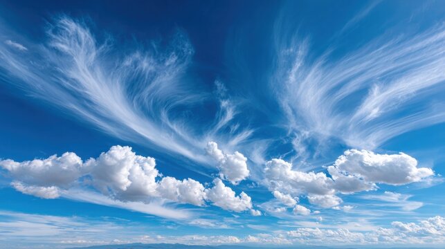 Beautiful blue sky with wispy cirrus clouds and fluffy cumulus clouds.