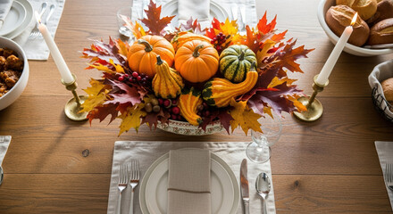 Thanksgiving centerpiece arrangement, autumn leaves and gourds create festive display for holiday table.
