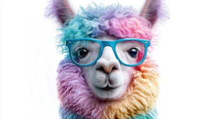 Naklejka premium Colorful llama wearing glasses, a whimsical and vibrant portrait on white