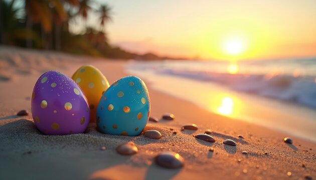 Bright easter eggs stand on sand in sea beach against sunset. Holiday painted eggs of yellow blue and purple colours decorated with dots. Seaside festive spring scene with palm trees and water waves.