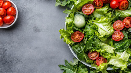 Fresh lettuce salad with cherry tomato cucumber and arugula, vibrant healthy bowl