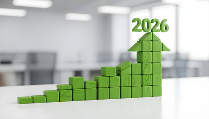 Green wooden blocks forming upward bar graph arrow with floating 2026 above office blur