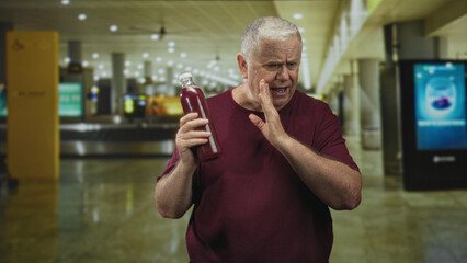 Man holding pomegranate juice bottle, hand to cheek while inspecting cap at airport baggage claim; health concern.