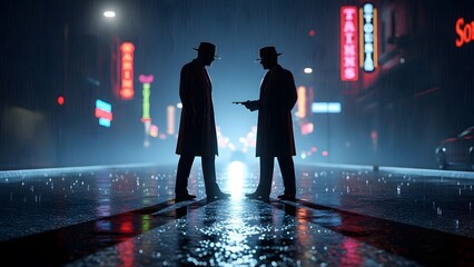 Mysterious Noir Standoff on a Rainy Neon Street 1