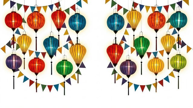 Colorful paper lanterns and festive bunting flags for celebration