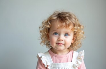 Naklejka premium Cute curly haired baby girl with bright blue eyes smiles softly. Child wears pink shirt, white dress. Little kid happy portrait conveys innocence, joy, beauty. Young blonde toddler poses in studio on