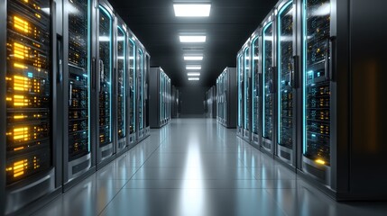 Powerful server room with rows of advanced servers and glowing lights creating an efficient data center environment for optimal performance