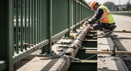 Construction worker repairs construction site on bridge wearing safety gear. Construction worker carefully welds components and assembles scaffolding on construction site at height.