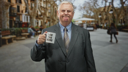 Senior man in suit holds mug reading 'i am the boss', hand visible, standing on urban street; confidence leadership authority.