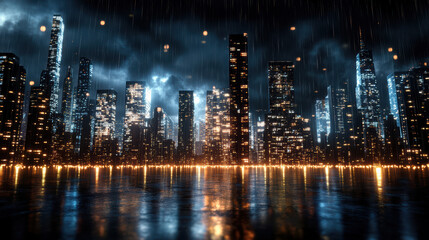 Fototapeta premium Neon city skyline night skyline rainy skyline waterfront skyline illuminated skyline