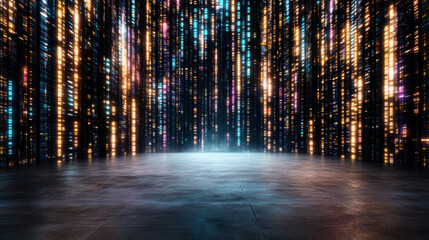 Neon light columns digital cityscape futuristic data stream reflective floor glowing vertical