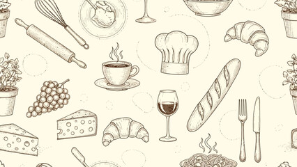 Hand Drawn Culinary Delights Seamless Pattern: Sketch of Food and Kitchen Utensils