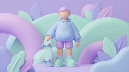 Stylized skateboarder character with pastel palette, perfect for youth marketing, toy design concepts, and creating playful social media content designs