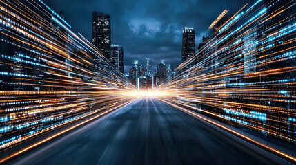 Cybercity night speed motion leading toward illuminated skyline with dynamic neon light trails