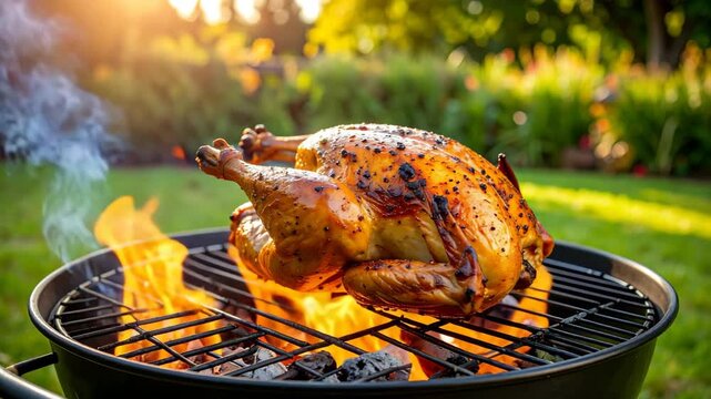 Roasting bird on a charcoal barbecue grill with flames in an outdoor backyard setting with green grass and sunny background