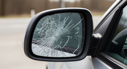 Broken car mirror shows shattered glass and damaged exterior. Broken car mirror is a sign of accident and automotive incident. Broken car mirror emphasizes risk and consequences of road incidents,