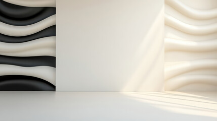 Minimalist black white wave wall with soft shadow and empty center space, calm lighting