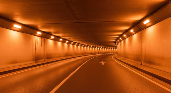 Empty tunnel illuminated by lamps for transportation, empty tunnel is a conduit for vehicles and represents modern infrastructure. Empty tunnel provides passage for cars beneath city streets. - Powered by Adobe