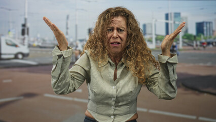 Woman raising hands and yelling with wide eyes on street near buildings and truck, striped buttondown shirt visible; surprise.