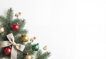 Christmas Corner Border with Fir Branches and Rustic Ornaments