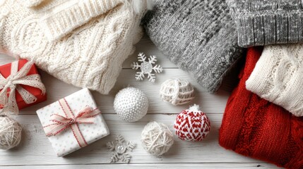 Collection of festive holiday objects including cozy winter wear, gifts, and decorations for cheerful celebration themes
