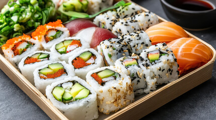 Fresh sushi platter with assorted maki and nigiri, vibrant presentation and appetizing detail