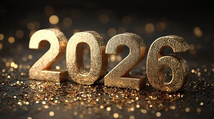 Golden numerals shining brightly on a dark sparkling background, marking the year 2026