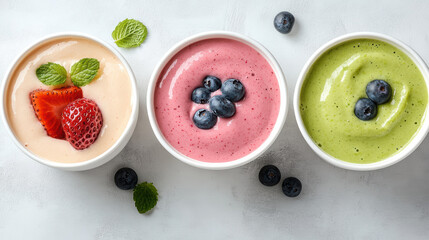 Creamy fruit smoothie bowls topped with berries and mint, colorful healthy breakfast bowl