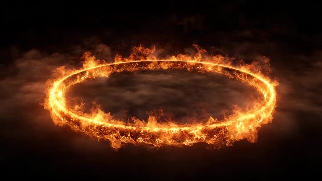 Fiery ring of flames and smoke in dark atmosphere