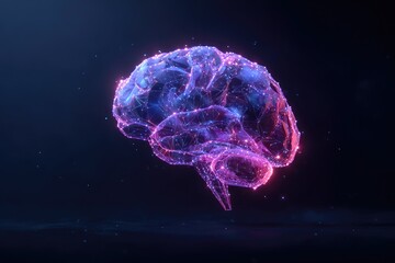 3D rendered brain, glowing neon in cyberspace. Conceptual, data visualization