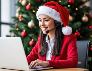 A friendly young customer service representative wearing a Santa hat and headset works on a laptop. Working during the Christmas holidays