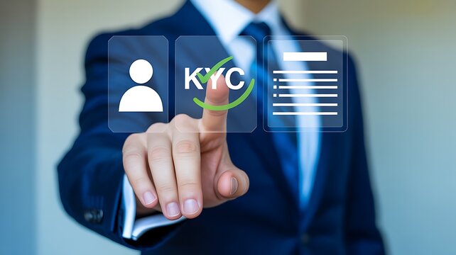 Kyc verification concept with business professional selecting identity and document icons
