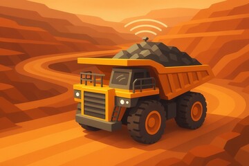 Obraz premium Futuristic mining truck navigating rugged terrain with advanced technology and digital connectivity for efficient resource extraction in a digital landscape