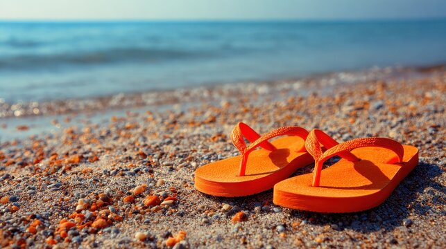 Bright orange flip flops resting on sandy beach with calm blue ocean in the background during sunny daytime - Powered by Adobe